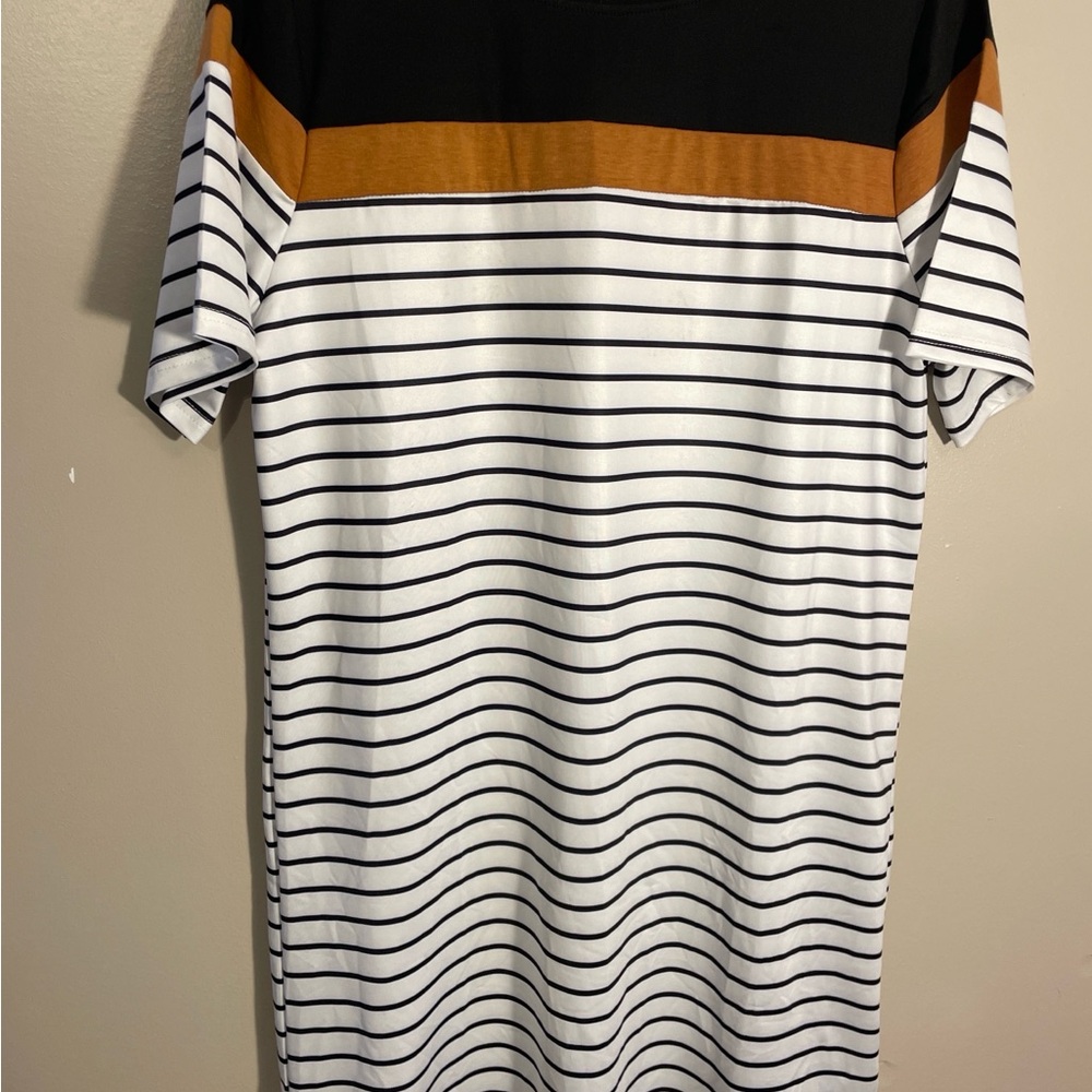 Striped Midi Dress with Black & Tan Colorblock